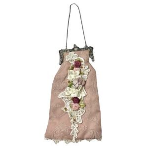 Vtg Victorian Pink/Mauve‎ Flower Rosette Eyeglass Coin Purse Chain Pretty !
